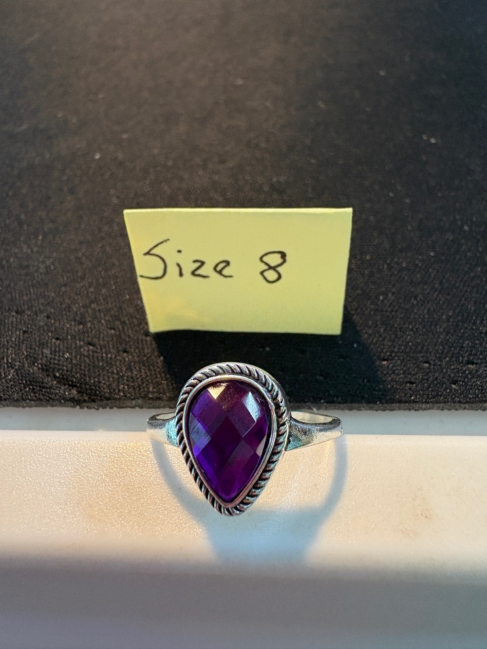 Silver Tone Teardrop Purple Stone Ring - Size 8